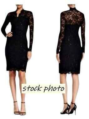 Marina Black Lace Illusion Mock Neck Sheath Dress XL Sequins Gothic Glam Formal